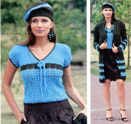 Кардиган, пуловер и берет