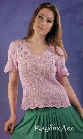 Розовый пуловер с ажурной кокеткой