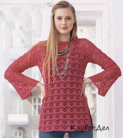 Пуловер крючком с веерным узором